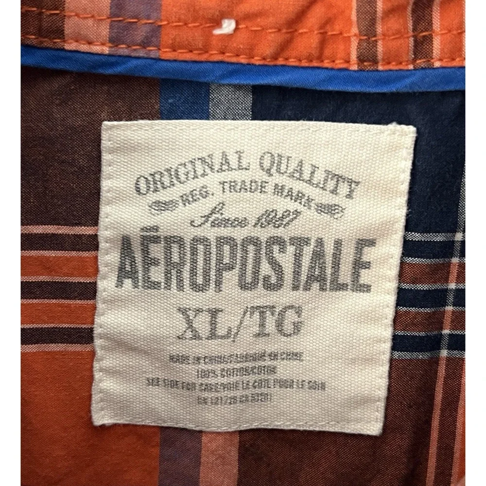 Aeropostale Button Down Shirt Mens Siz XL Orange Blue Plaid Cotton Chest Pocket